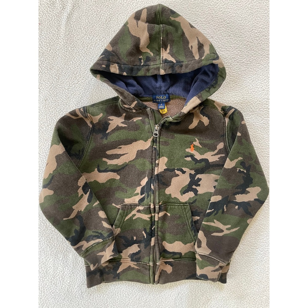 Polo Ralph Lauren Boys 6 Zip Hoodie Green Camo Orange Pony Fleece Sweatshirt
